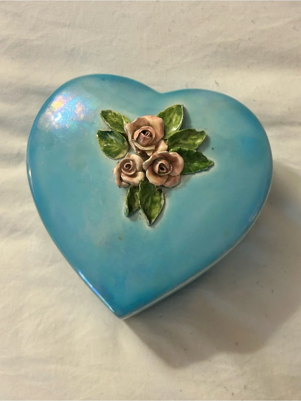 Vintage “Signed Anne” AB Coating Heart Floral Trinket Box